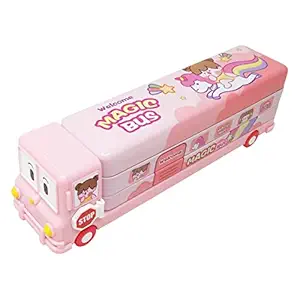 Parteet Multicolour Cartoon Printed School Bus Matal Pencil Box with Moving Tyres and Sharpner for Kids(Pink)