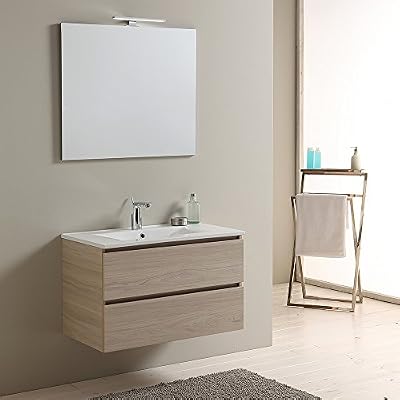 Kiamami Valentina Meubles DE Salle DE 80 CM avec TIROIR MODèLE Berlin Elm Leone Basin D'éCLAIRAGE à LED