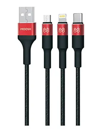 Moosh 3 in 1 Multi Charging Cable Nylon Braided with Fast Charging Multi Charge Option at Same time for Micro USB, Type C and iOS Devices 3.3 feet Compatible with Most Smart Phones (Black)