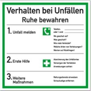 Schild Verhalten bei Unfällen, Kunststoff 18x18 cm (Verhaltensregeln, Notfall, Erste Hilfe Maßnahmen) praxisbewährt, wetterfest