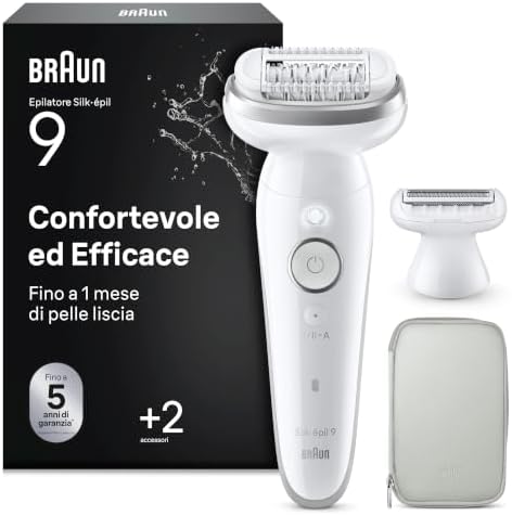 Braun Silk Epil 9 Epilatore Elettrico Donna Con Testina Ampia Per Una Facile Rimozione Dei Peli, Rasoio Elettrico Donna Wet & Dry, Include Testina Radente, Cappuccio Regolatore 9-041, Argento