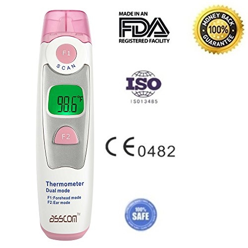 Baby Thermometer,AsscomÂ® Ear thermometer for Baby Child infant Adult - digital body Temperature Thermometer - Infrared From the Forehead or By Insertion in the Ear - For Babies Adults Children High Accuracy Multi - function Clinical Thermometers - Also Ideal for Basal Temperature Readings - Stores 20 Last Temperatures Taken |100% Clinically Proven to Be Highly Accurate|This High Quality.