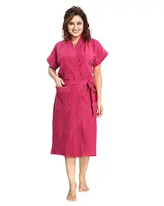 Shopping Station Womens Cotton Half Slevees Knee Length with Pocket Bathrobe (Dark Pink, Free Size)