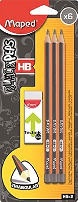 Maped - Crayons à Papier Graphite Hb et Gomme Technic 600 - crayon HB Ergonomique Triangulaire - Gomme Dust Free - Lot de 6 Crayons papier HB + Gomme Blanche