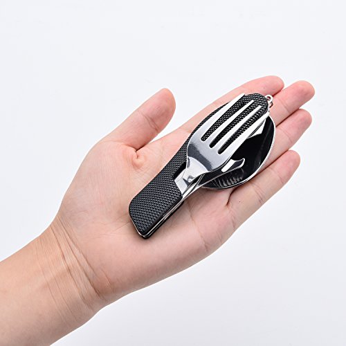 4-In-1 Campingbesteck von Hikenture™ Klappbesteck Outdoor Besteck aus Edelstahl mit Gürteltasche – Messer Gabel Löffel Flaschenöffner Set – für Camping und Outdoor (Grün Schwarz Blau Rot) - 6
