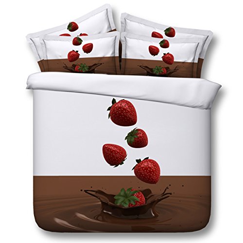 HUANZI Polyester Duvet Cover Chocolate And Strawberry Pattern Duvet Cover With Bedding Including 2 Pillow Cases And 1 Quilt Cover, 200 * 225
