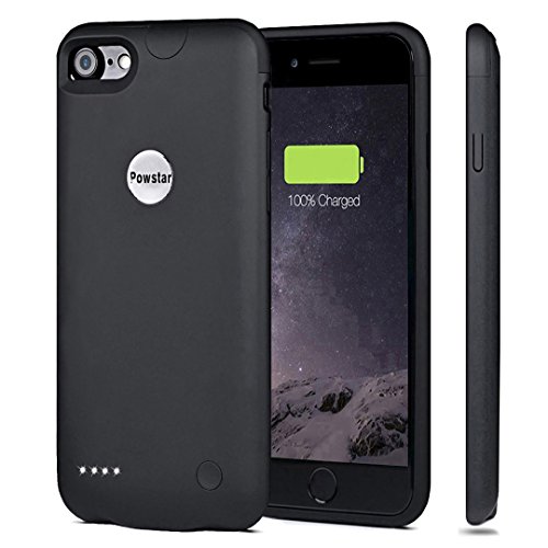 Powstar - Custodia con batteria per iPhone 7, custodia per ricarica portatile ultra sottile per iPhone 7 (4.7 pollici), custodia con batteria esterna da 2.800 mAh leggera, colore nero