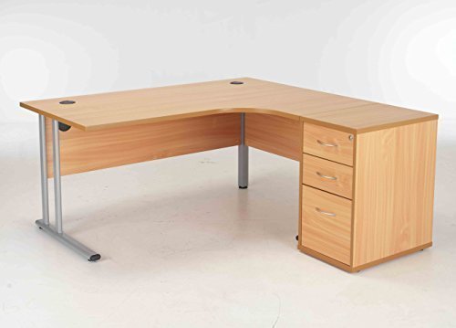 BiMi 1600mm Beech Ergonomic Right Hand Corner Desk With 3 Draw Desk High Pedestal