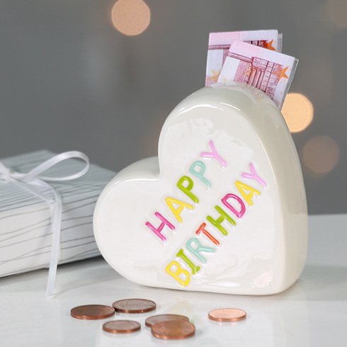 Spardose Herz Happy Birthday Porzellan Höhe 9.5cm