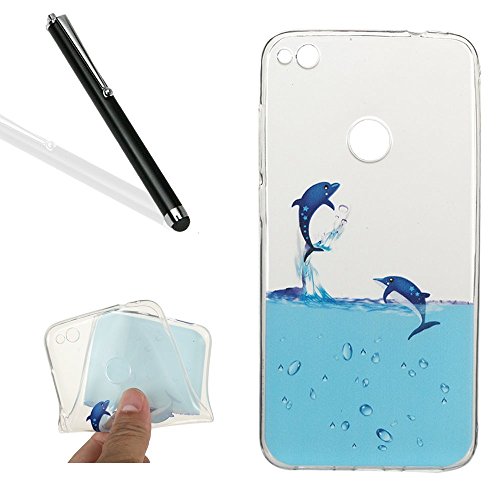 Huawei P8 Lite 2017 / Honor 8 Lite Tpu Case,Huawei P8 Lite 2017 / Honor 8 Lite Clear Case,Leeook Thin Transparent Slim Fit Soft Gel Flexible Scratch-Resistant Funny Dolphin Water Pattern Crystal Clear Silicone Tpu Rubber Bumper Case Cover for Huawei P8 Lite 2017 / Honor 8 Lite+ 1x Black Stylus