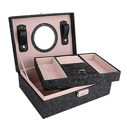 Preisvergleich Produktbild Zygeo Schmuck-Aufbewahrungsbox aus Holz, mit Lederbezug, verschließbar, für Halsketten, Ohrringe, mit Spiegel, Schwarz