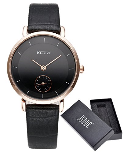 JSDDE Uhren,Casual Damen Armbanduhr Lederarmband Quarz Armbanduhr Ultra Dnn Rosegold Analog Qaurzuhr Kleid Uhr,Schwarz