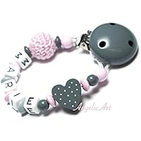 Schnullerkette mit Namen-Gepunktetes -HERZ - Grau -Rosa (Häkelperle)