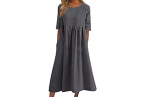 CENUHE 2023 Donne Cotone Lino Abito Manica Corta Crewneck Tasca Abito, Donna Estate Abito