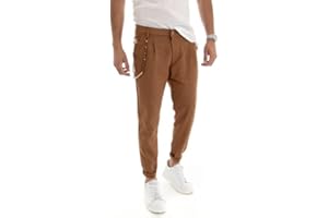 Giosal- Pantalone Elegante Uomo di Lino Regular Tinta Unita con Catena,Modello Tasca America Vari Colori