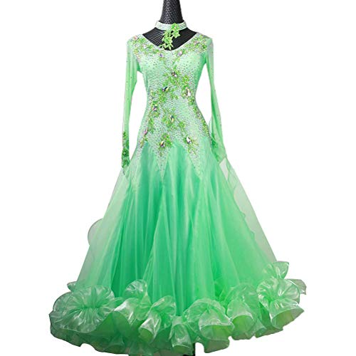 Mo&Ny Vestiti da Sala da Ballo Competizione Nazionale per Donna/Adulto Costume da Ballo Valzer Foxtrot Strass Lucido Big Swing Abbigliamento da Ballo di Alta Gamma Tango Prestazione,Verde,Customize