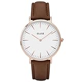 CLUSE CL18010 La Bohême Rosé Gold White/Brown Uhr Damenuhr Lederarmband vergoldet 3 bar Analog Braun