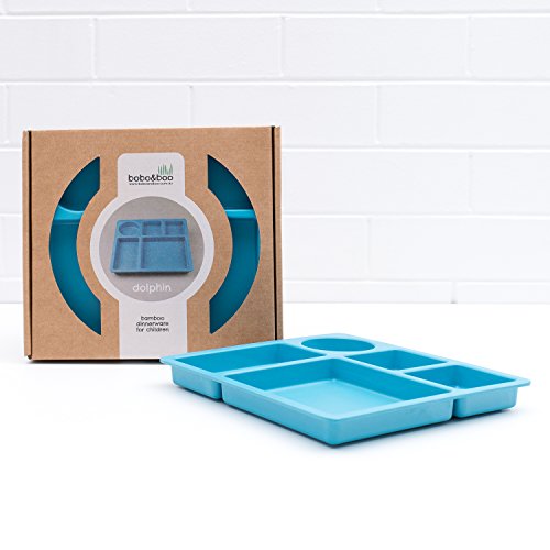 BoBo and Boo Bamboo - Plato de bambú para niños dividido, respetuoso con el medio ambiente, no tóxico, plato seccionado, diseño de delfín, color azul