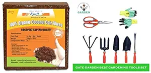 Kraft Seeds Gate Garden! Top 5 Spectacular Gardening Tools Set with Heavy Gardening Scissor and One & Compressed CocoPeat Block, 5Kg Combo