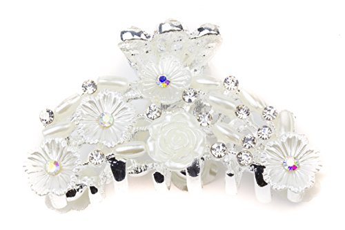 Mytoptrendz® Small Medium Silver Tone Metal Oval Faux Pearl Shell Effect Rose and Daisy Floral Ab and Clear Crystal Hair Claw Clamp Grip Bridal/ Prom/ Wedding Hair Accessories