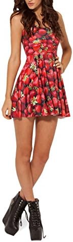 SOTW New Sexy Womens Galaxy Cartoon Adventure Time Sleeveless Pleated Skater Dress Clubwear Ball Party, Strawberry