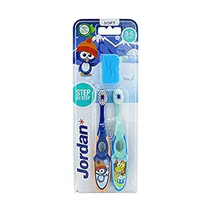 Jordan Step 2 Kids Toothbrush, 3-5 Years, Soft Bristles, BPA Free (Pack of 2, 3-5 Years - Blue + Green)