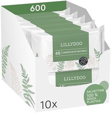 Salviettine naturali LILLYDOO green,600 pezzi(10x60),100% senza plastica e resistenti agli strappi – senza profumi, detergono delicatamente e con dolcezza la pelle sensibile,testate dermatologicamente