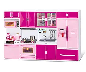 Shivay Sales Kitchen Set for Kids, 4 Compartment Battery Operated Cooking Toys for Girls with Realistic Lights &Sounds, Microwave Oven,Refrigerator,Fruits & Other Accessories Toy (Pink)