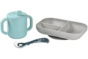 BÉABA, Set Vaisselle Silicone Repas Bébé, Coffret Repas d'apprentissage, 3 Pièces, Assiette compartimenté + Tasse + Cuillère, Silicone Saine et Durable, Compatible lave-vaisselle, Micro-onde, Bleu