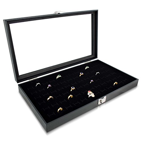 VENKON - Ringbox für 72 Ringe Organizer mit Schaufenster aus Glas für Schmuck Aufbewahrung & Präsentation - Kunstleder Schwarz - 37 x 21 x 5 cm