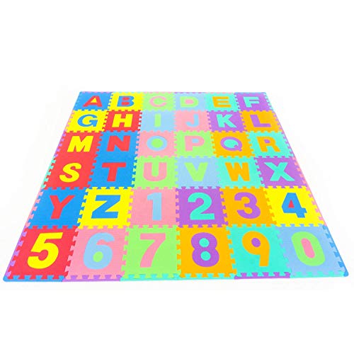 Leo & Emma - Alfombra puzzle de 36 esteras piezas letras y números Alfombrilla de juego infantíl en gomaespuma impermeable