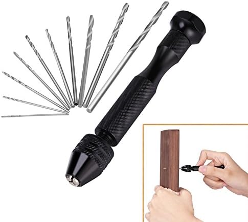 Curious Fish Mini Aluminum Hand Drill with Keyless Chuck and 10 Twist Drills Bits Rotary Tool, High Speed Steel Wood Drilling Set for Electronics Crafts Jewelry Watch Making