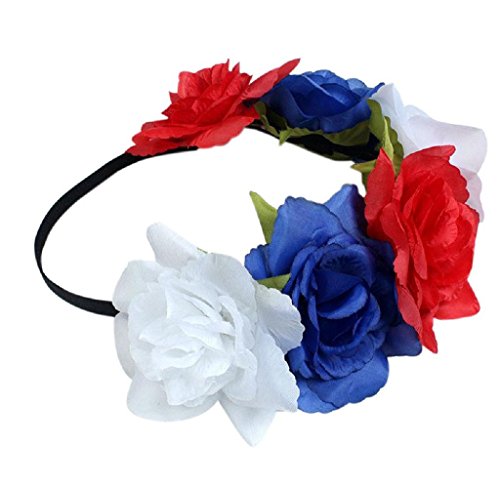 Malloom Large Rose Flower Forehead Hair Headband Hair Crown Summer Festival Garland (white+red+blue)