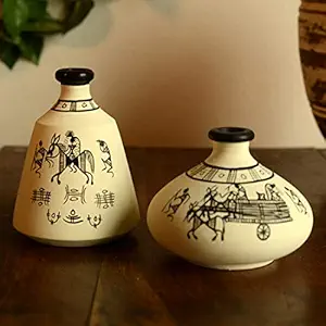 ExclusiveLane Warli Hand-Painted Living Room & Home Decorative Miniature Small Terracotta Pots Set (8.9 cm x 8.9 cm x 11.2 cm, White, Set of 2, Mini Pots) (EL-004-005)