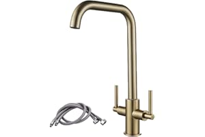 Luckyhome Kitchen Mixer Taps,Monobloc Dual Lever Chrome Brass Kitchen Sink Tap Faucet（Gold）