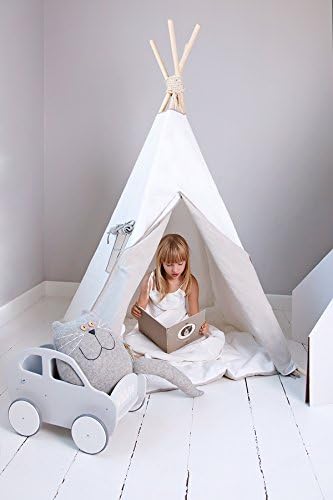 Home by Linen TIPI handmade + PLAYMAT - children's tent TIPI Teepee Wigwam Playtent for Kids LINEN WHITE + LINEN SILVER-GREY