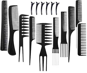 Famecia 10 Pcs Pro Salon Hair Cut Styling Hairdressing Barbers Combs Brush Set Black With 6 Pcs Hair Sectioning Clips