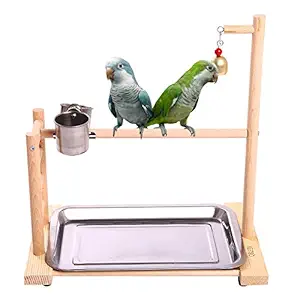 QBLEEV Birdcage Stands Parrot Play Gym Wood Conure Playground Bird Cage Stands Accessories Birdhouse Decor Table Top PlayStand with Ladder Stainless Steel Feeder Cup Tray for Small Medium Parakeets Ca