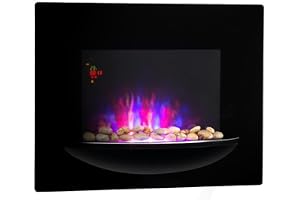 Klarstein Brasero - Cheminée Murale électrique, 1800 W,Chauffage électrique, 2 puissances, vitrocéramique, Illusion de Flamme, Choix de Couleur, Pierres décoratives, minuterie hebdomadaire, Noir