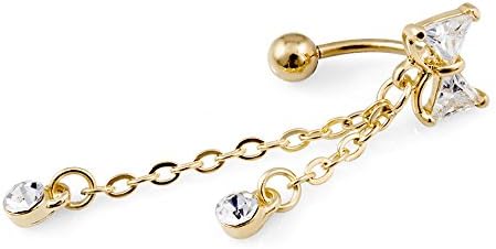 Gold Toned Cubic Zirconia Bow Drop Dangle Reverse Belly Bar Navel Body Piercing