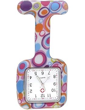 JSDDE Uhren,Krankenschwester FOB-Uhr Damen Silikon Tunika Brosche Taschenuhr Analog Quarzuhr,Quadrat,Bunt Muster