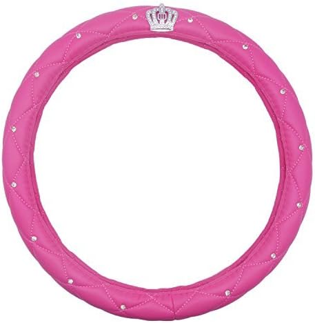 Non-slip Universal PU Leather Car Steering Wheel Cover with Crystal Crown Diamond ,Durable, Soft , 15 Inch Size (Pink)