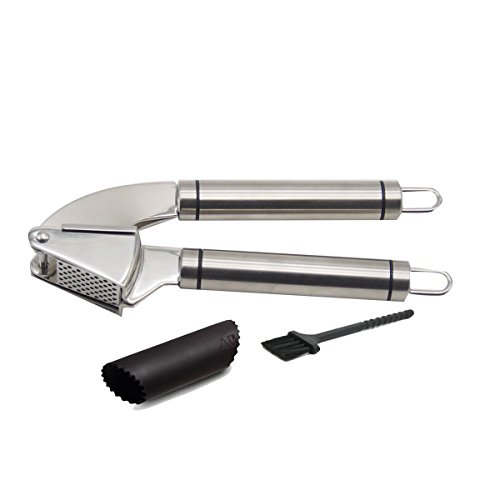 garcoo Edelstahl-Knoblauchpresse, inkl. Schäler und Reinigungsbürste, Set, zum Schälen und Pressen von Knoblauch, mit Silikon-Rolle, edelstahl, A