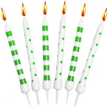 Polka Dots and Stripes Cake Candles With Holders 12's (Green and White)