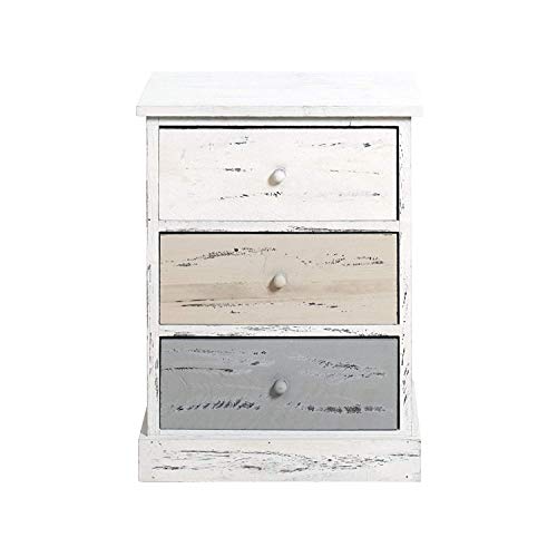 Rebecca Mobili Cómoda decapada, mesita de noche con 3 cajones, madera de paulonia, gris beige blanco, estilo retro, cuarto de baño - Medidas: 53,5 x 40 x 29 cm ( AxANxF) - Art. RE4263