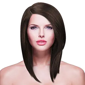 Shoulder Length Lace Front Wig for Women,L Part Short Bob Synthetic Natural Straight Hair Replacement Wig Heat Resistant 12 Inch Brown Highlights