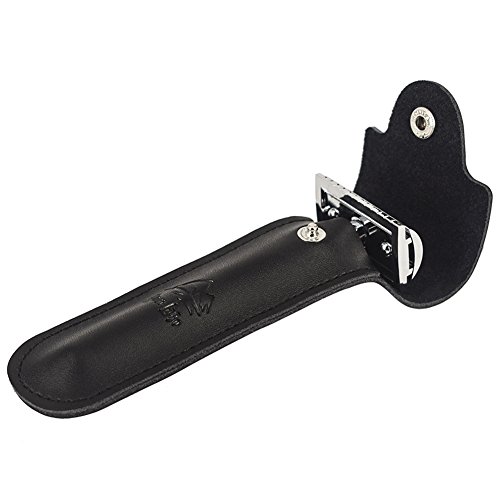 RIVERLAKE, custodia per rasoio in vera pelle, custodia di sicurezza, protettiva, da viaggio, custodia con doppio bordo di sicurezza, per rasoio, custodia da viaggio, colore nero