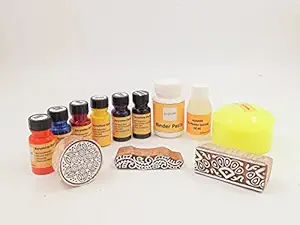 Sumikrafts Block Printing Kit for Beginners-3 Wooden Block Design (Motifs)+6 Assorted Pigment Colours+Binder Paste 100ml+Acrafixer 50ml-Foam-(Option 48)