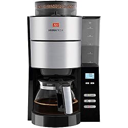 Melitta Cafetière à Filtre avec Moulin Intégré, Verseuse en Verre incluse, Niveau de Mouture et Intensité Réglables, AromaFresh, Noir/Acier Brossé, 1021-01