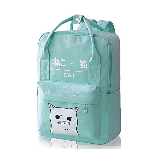 Zaino per la scuola in tela da ragazze, stile giapponese/coreano, con motivo di gatto kawaii, Green